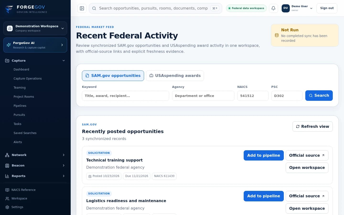 Actual ForgeGov federal activity page with filters, source links, and a Not Run sync status in a demonstration workspace