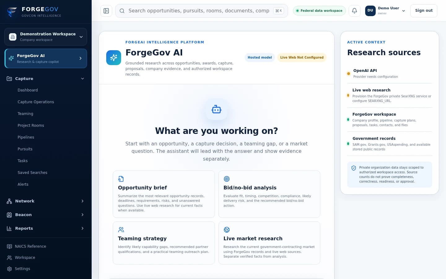 Actual ForgeAI research workspace showing workflow options, source context, and unconfigured provider status in the demonstration environment
