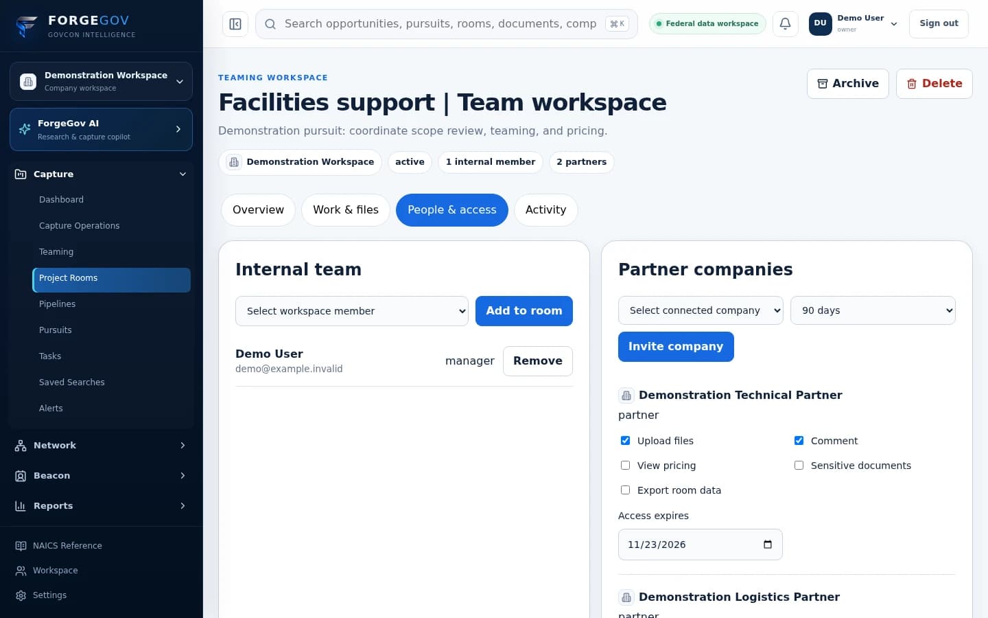 Actual ForgeGov Project Room People and access view showing two demonstration partner companies and individual permissions for pricing, documents, exports, and expiration